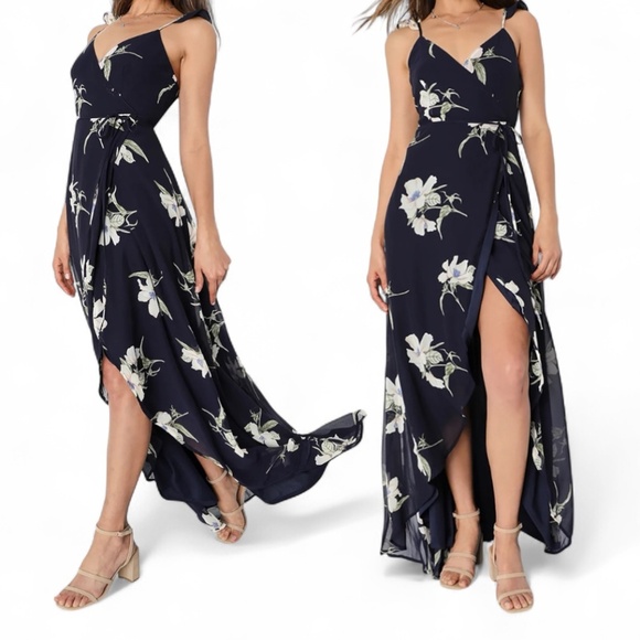 Lulus Floral Navy Blue Beautiful Wrap Dress Sz Small - Picture 1 of 10